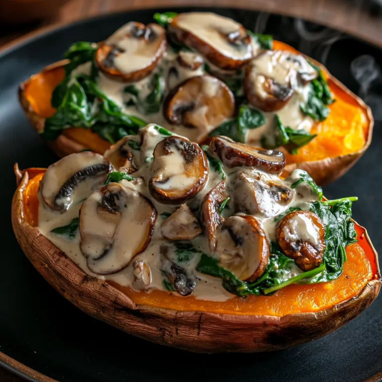 Two sweet potatoes stuffed with mushrooms and spinach.