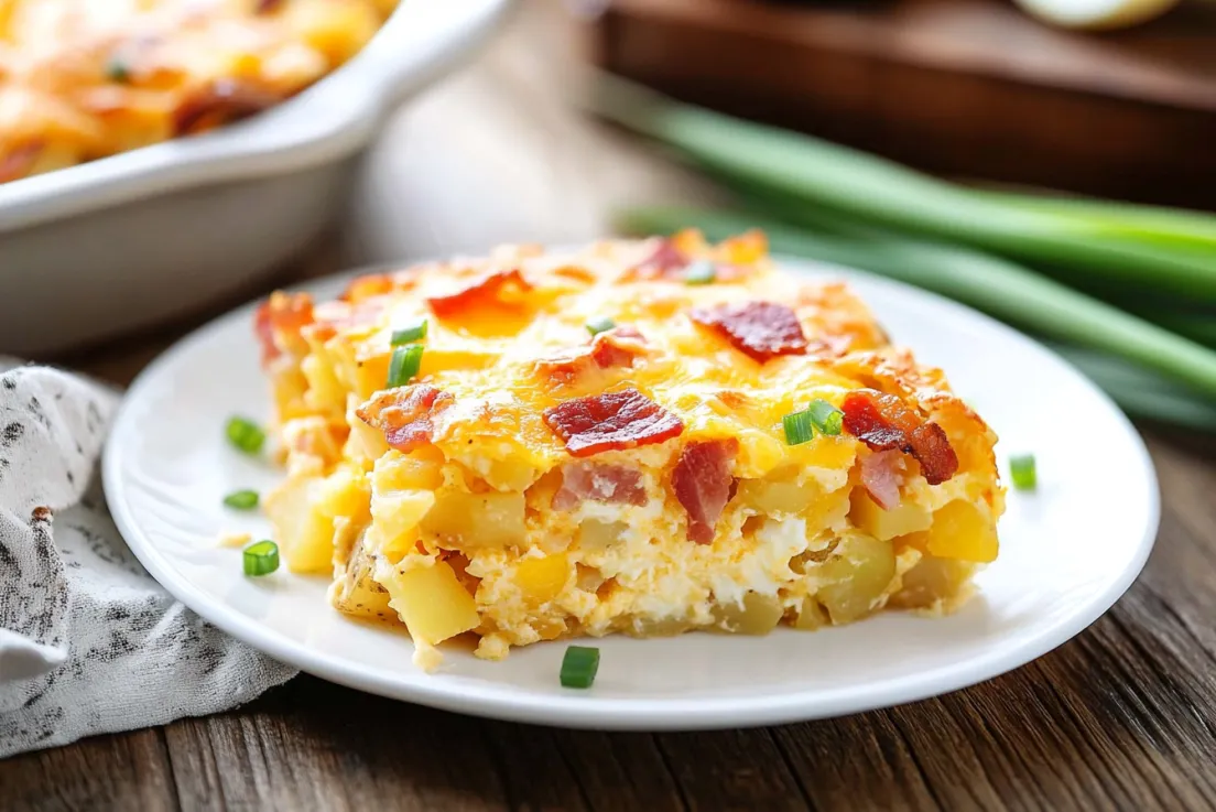 A slice of bacon, potato, and egg casserole on a white plate.