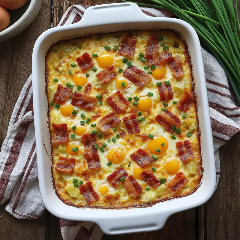 A white dish with a bacon, potato, and egg casserole.