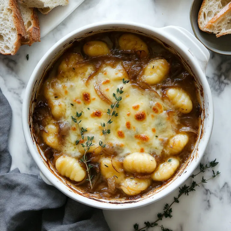 A bowl of baked French onion gnocchi.