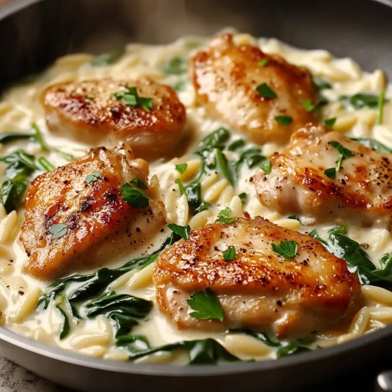 A pan of Boursin Orzo with chicken.