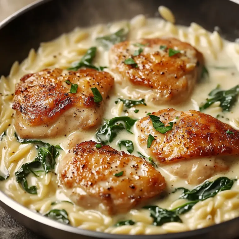 A dish of chicken with spinach and noodles.