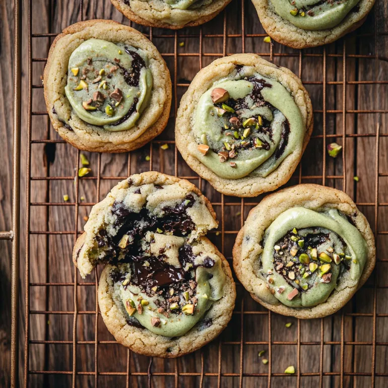 A tray of cookies with pistachio cream and chocolate chips.
