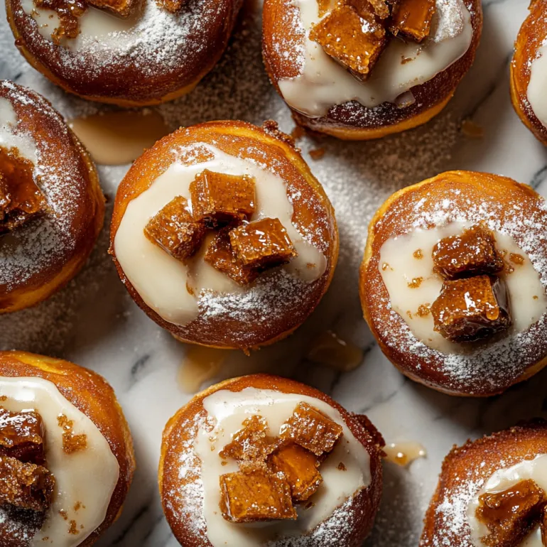 Burnt honey brioche donuts with white powdered sugar.