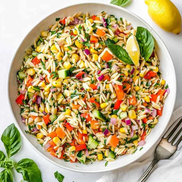 A bowl of Rainbow Orzo Salad.