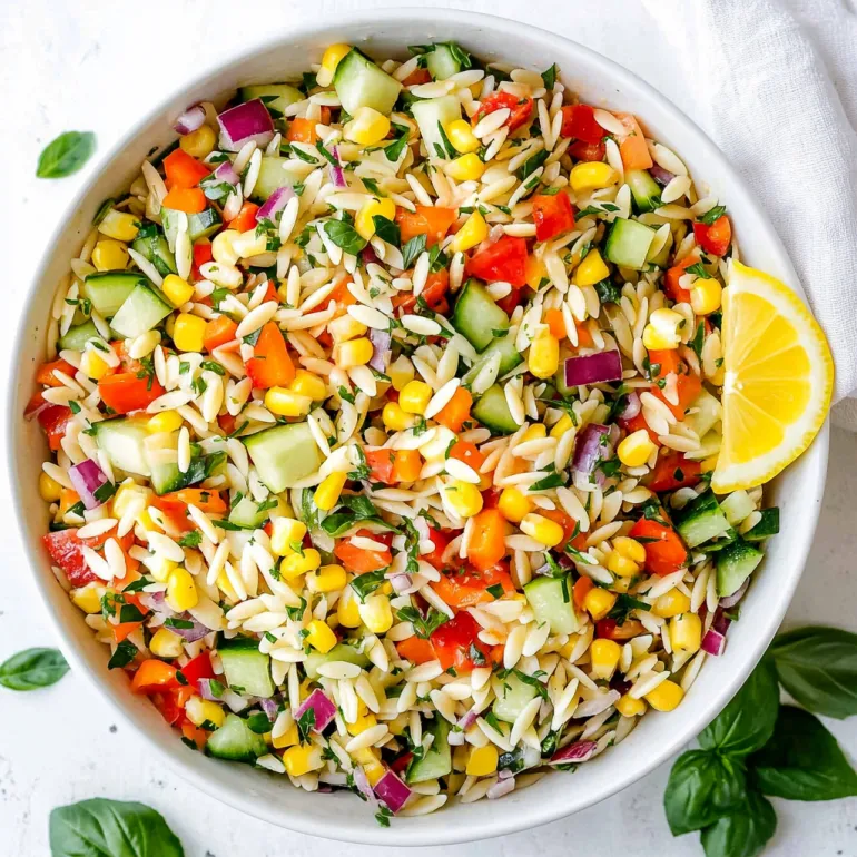 A bowl of Rainbow Orzo Salad.