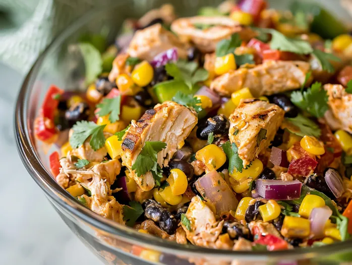 A bowl of chicken salad with various vegetables.