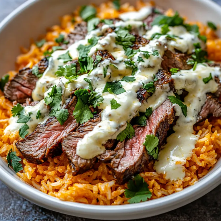 A bowl of steak and queso rice.
