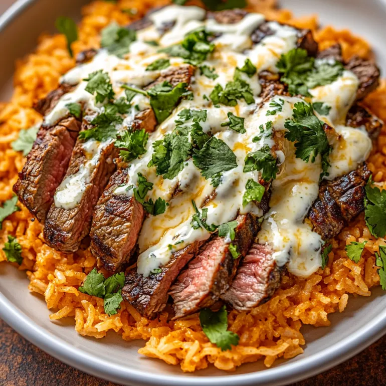 A plate of steak and rice with cheese on top.