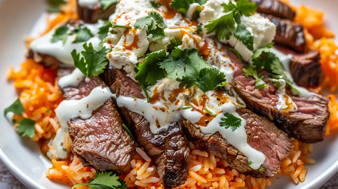 A plate of steak and rice with cheese on top.