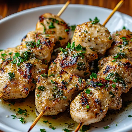 A plate of grilled chicken with garlic and Parmesan.