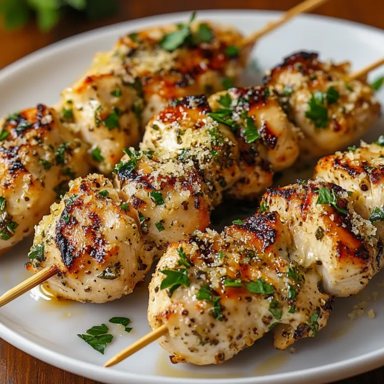 A plate of grilled chicken with garlic and Parmesan.