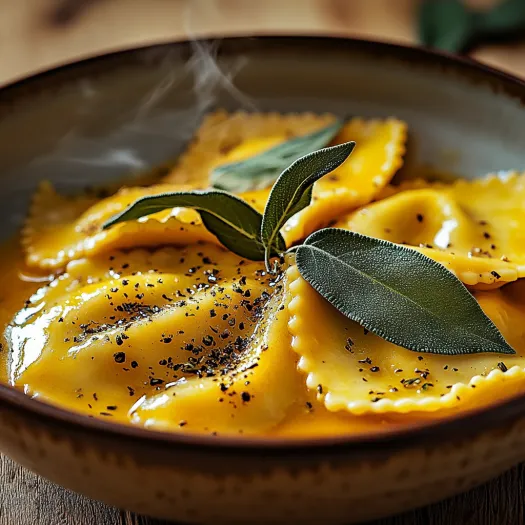 A bowl of pasta with a green leaf on top.