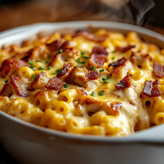 A bowl of BBQ chicken mac and cheese.