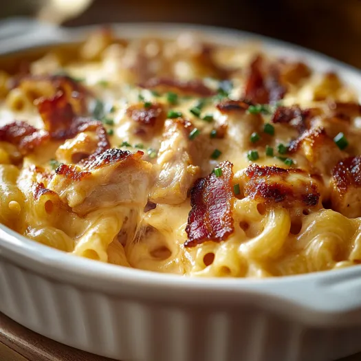 A dish of BBQ chicken mac and cheese.