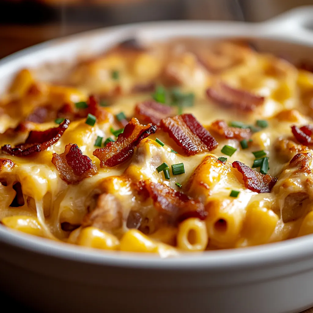 A bowl of BBQ chicken mac and cheese.