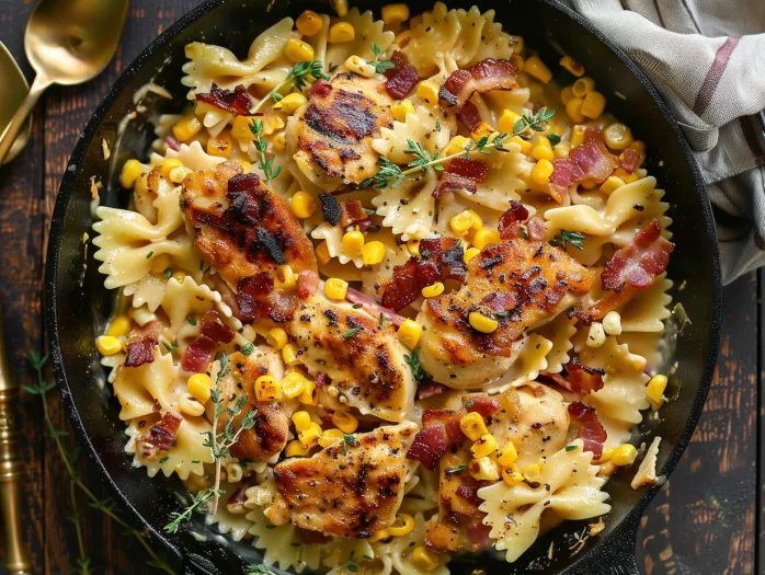 A delicious creamy chicken and corn pasta with bacon.