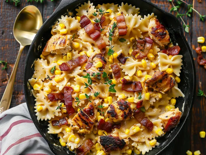 A dish of creamy chicken and corn pasta with bacon.