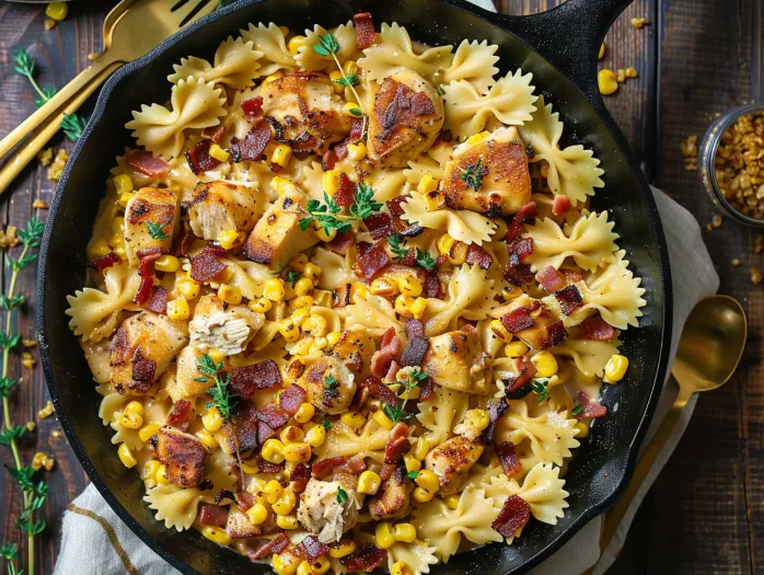 A delicious creamy chicken and corn pasta with bacon.