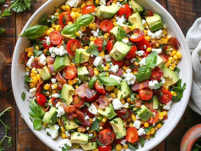 A bowl of salad with tomatoes, corn, and avocado.