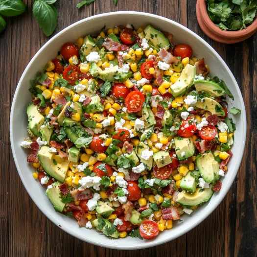 A bowl of salad with corn, tomatoes, and avocado.