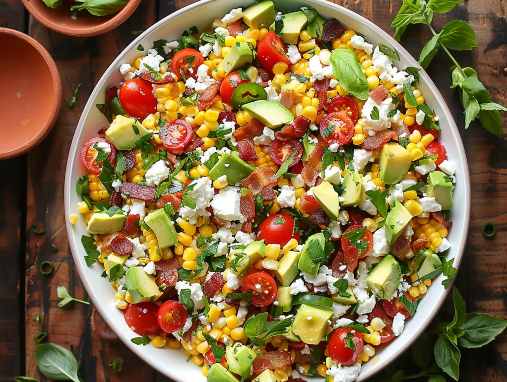 A bowl of salad with corn, tomatoes, and avocado.