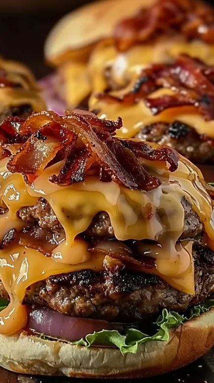 A close up of a burger with bacon on top.