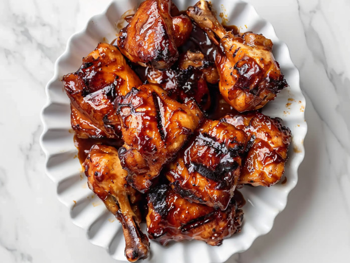 A plate of BBQ chicken on the grill.