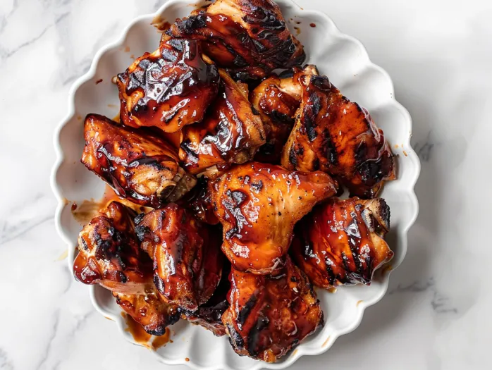 A plate of BBQ chicken on the grill.