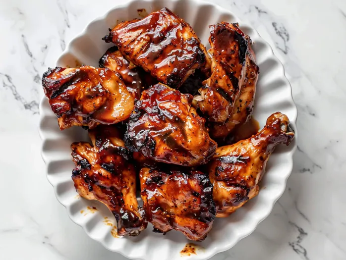 A plate of BBQ chicken on the grill.