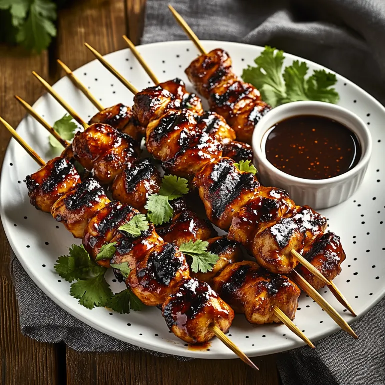 A plate of grilled chicken skewers with honey chipotle sauce.