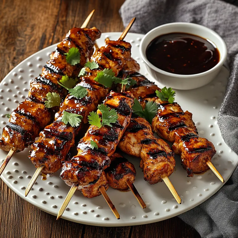 A plate of grilled chicken skewers with honey chipotle sauce.