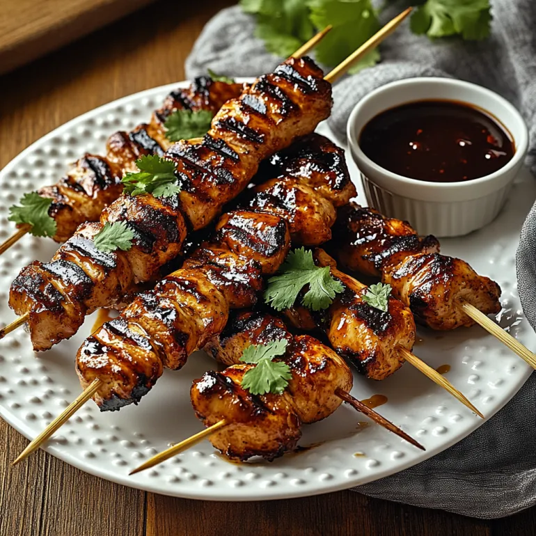 A plate of grilled chicken skewers with honey chipotle sauce.