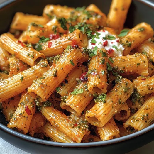 A bowl of rigatoni pasta with red chili pesto.