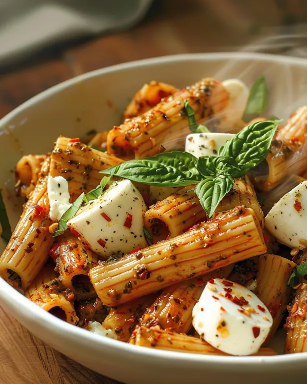 A bowl of pasta with red chili pesto rigatoni.