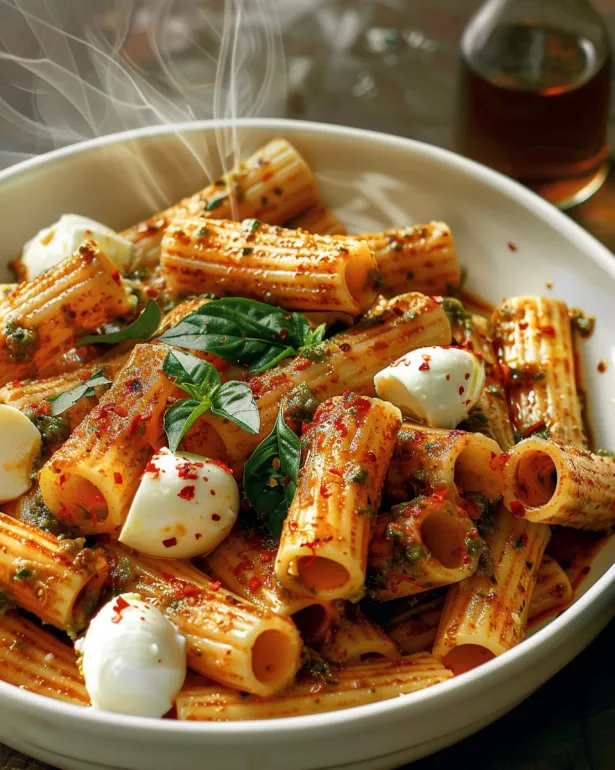 A bowl of red chilli pesto rigatoni.