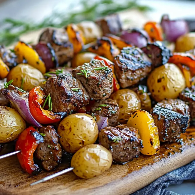 A wooden board with a skewer of meat and vegetables.