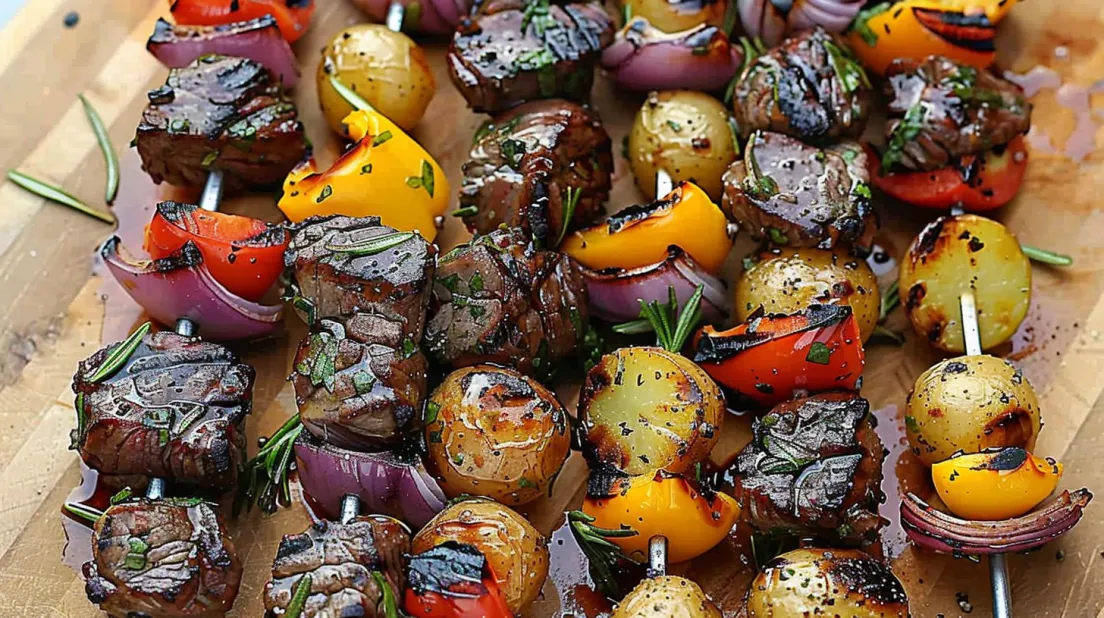 A tray of rosemary garlic steak kebabs.