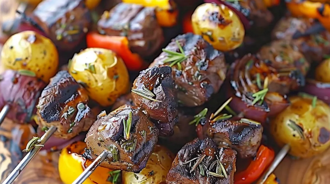 A plate of meat with rosemary and garlic.