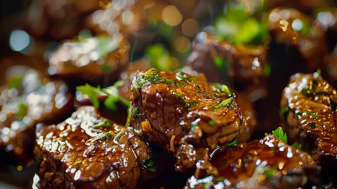 Marinated steak bites on a plate.