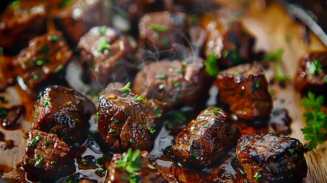 Marinated steak bites on a plate.