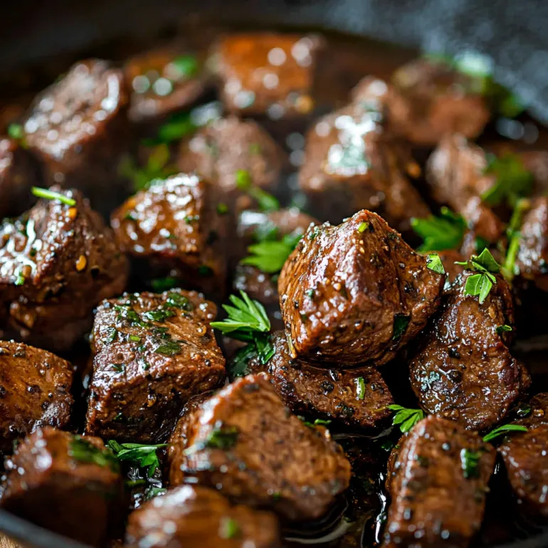 A pan of marinated steak bites.