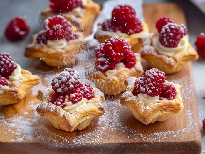 Raspberry cream cheese bites on a wooden board.
