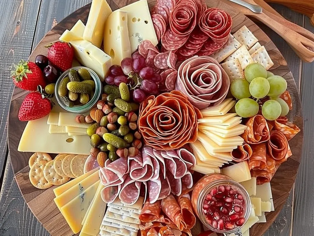 A cheese and charcuterie board with various meats and cheeses.