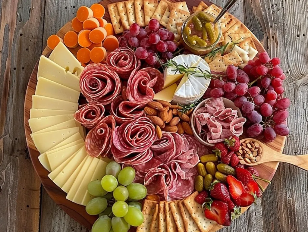 A cheese and charcuterie board with a variety of foods.
