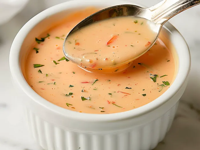 A spoon is in a bowl of Thousand Island Dressing.