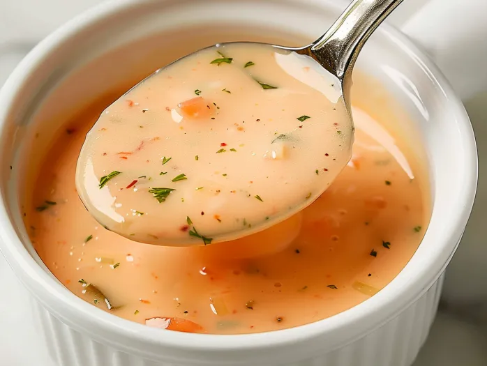 A spoon is in a bowl of soup.