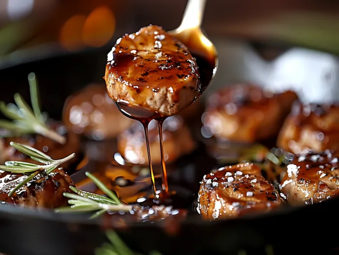 A skillet of meat with a sauce drizzled over it.