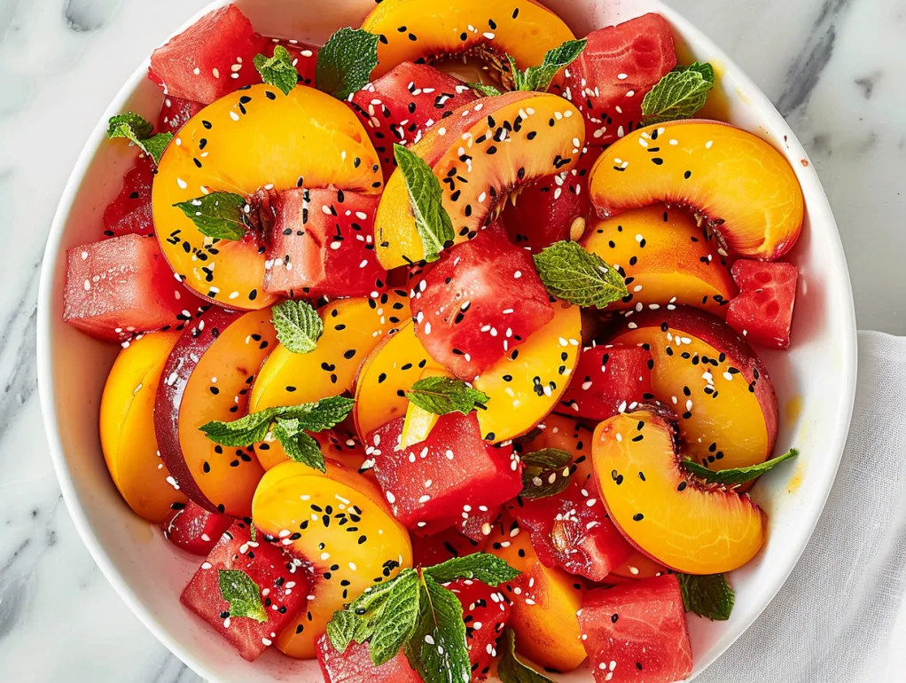 A bowl of watermelon, peaches, and mint.