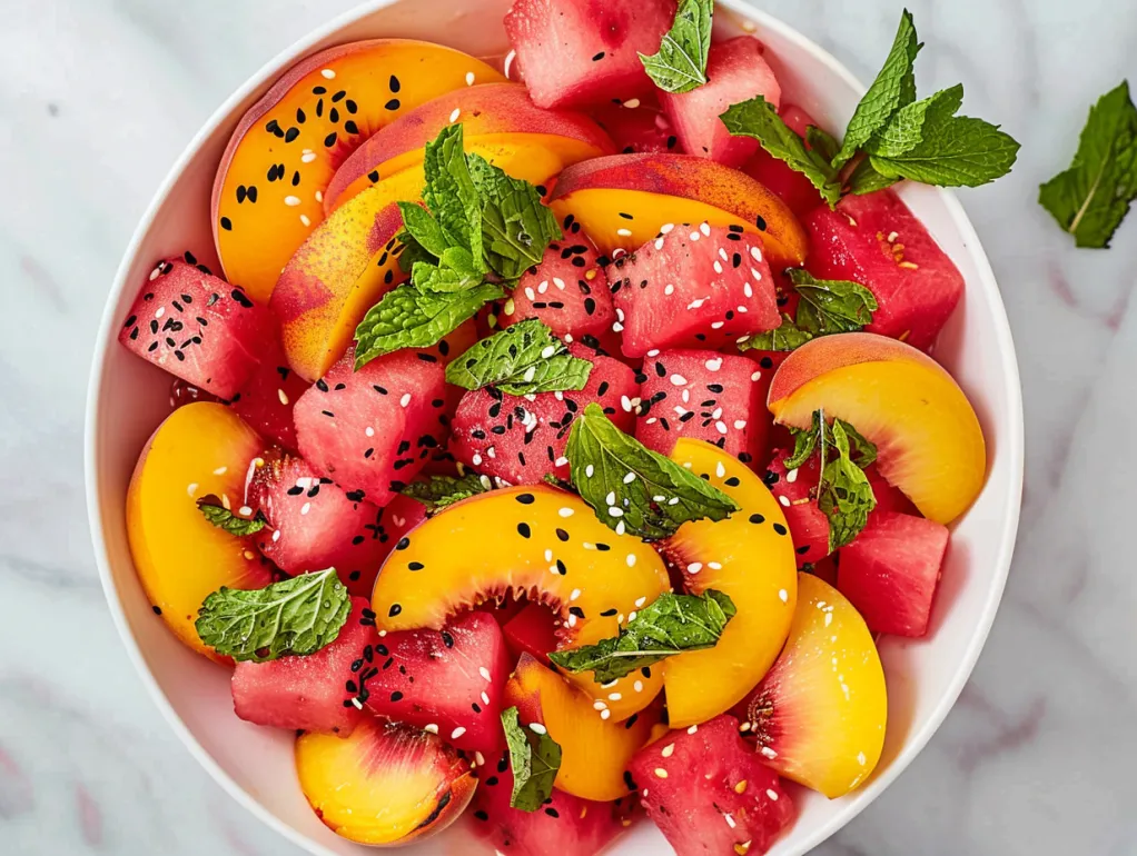 A bowl of fruit salad with watermelon, peaches, and mint.